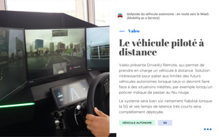 Valeo présente Drive4U Remote, qui permet de
prendre en charge un véhicule à distance. Solution
intéressante pour palier aux limites des futurs
véhicules autonomes lorsque ceux-ci devront faire
face à des situations inédites, par exemple lorsqu’un
policier indique de passer au feu rouge.
Le système sera bien sûr nettement fiabilisé lorsque
la 5G et ses temps de latence très courts sera
complétement déployée.
Valeo
Le véhicule piloté à
distance
L’odyssée du véhicule autonome : en route vers le MaaS
(Mobility as a Service)
5GVÉHICULE AUTONOME
!
 