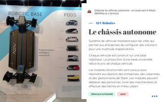 Système de véhicule modulaire pour les villes qui
permet aux entreprises de configurer des solutions
pour une multitude d'applications.
Chaque véhicule est construit sur une base
robotique. La production d'une base universelle
réduit le prix de chaque véhicule.
Les modules fonctionnels sont conçus pour
répondre aux besoins des entreprises, des urbanistes
et des gestionnaires de flotte. Les modules peuvent
déplacer des personnes, livrer des marchandises et
effectuer des tâches en milieu urbain.
AEV Robotics
Le châssis autonome
L’odyssée du véhicule autonome : en route vers le MaaS
(Mobility as a Service)
VÉHICULE AUTONOME LEGO
!
 