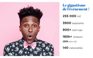 Le gigantisme
de l’événement !
255 000 m2
3900 exposants
900+ start-ups
180k+ visiteurs
(60k hors US)
140 nationalités
 