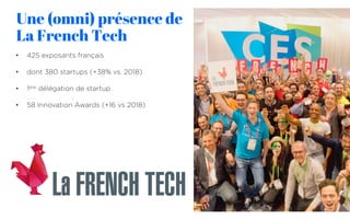 Une (omni) présence de
La French Tech
• 425 exposants français
• dont 380 startups (+38% vs. 2018)
• 1ère délégation de startup
• 58 Innovation Awards (+16 vs 2018)
 