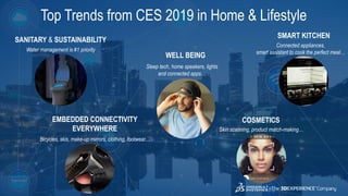12
3DS.COM©DassaultSystèmes|ConfidentialInformation|2/1/2019|ref.:3DS_Document_2015
Top Trends from CES 2019 in Home & Lifestyle
SANITARY & SUSTAINABILITY
WELL BEING
Water management is #1 priority
SMART KITCHEN
Connected appliances,
smart assistant to cook the perfect meal…
Sleep tech, home speakers, lights
and connected apps…
EMBEDDED CONNECTIVITY
EVERYWHERE
Bicycles, skis, make-up mirrors, clothing, footwear…
COSMETICS
Skin scanning, product match-making…
 