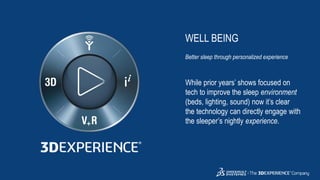 3DS.COM©DassaultSystèmes|ConfidentialInformation|2/1/2019|ref.:3DS_Document_2015
WELL BEING
Better sleep through personalized experience
While prior years’ shows focused on
tech to improve the sleep environment
(beds, lighting, sound) now it’s clear
the technology can directly engage with
the sleeper’s nightly experience.
 
