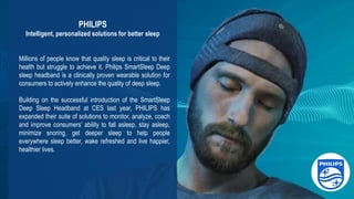 16
3DS.COM©DassaultSystèmes|ConfidentialInformation|2/1/2019|ref.:3DS_Document_2015
Millions of people know that quality sleep is critical to their
health but struggle to achieve it. Philips SmartSleep Deep
sleep headband is a clinically proven wearable solution for
consumers to actively enhance the quality of deep sleep.
Building on the successful introduction of the SmartSleep
Deep Sleep Headband at CES last year, PHILIPS has
expanded their suite of solutions to monitor, analyze, coach
and improve consumers’ ability to fall asleep, stay asleep,
minimize snoring, get deeper sleep to help people
everywhere sleep better, wake refreshed and live happier,
healthier lives.
PHILIPS
Intelligent, personalized solutions for better sleep
 