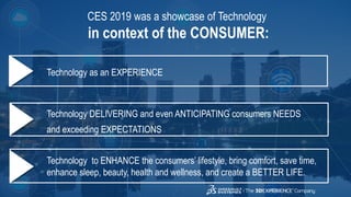 5
3DS.COM©DassaultSystèmes|ConfidentialInformation|2/1/2019|ref.:3DS_Document_2015
Technology as an EXPERIENCE
Technology DELIVERING and even ANTICIPATING consumers NEEDS
and exceeding EXPECTATIONS
Technology to ENHANCE the consumers’ lifestyle, bring comfort, save time,
enhance sleep, beauty, health and wellness, and create a BETTER LIFE.
CES 2019 was a showcase of Technology
in context of the CONSUMER:
 