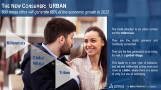 8
3DS.COM©DassaultSystèmes|ConfidentialInformation|2/1/2019|ref.:3DS_Document_2015
THE NEW CONSUMER: URBAN
600 mega cities will generate 60% of the economic growth in 2025
The most ‘adapted’ to an urban context
are the millennials.
They are the digital pioneers and
constantly connected.
They are the first generation to be living,
for real, in a global village.
This leads to a new type of behavior,
and we see millennials acting more and
more as a tribe, where there is a sense
of unity, but also of belonging.Tribes
Global
Village
Millennials
 
