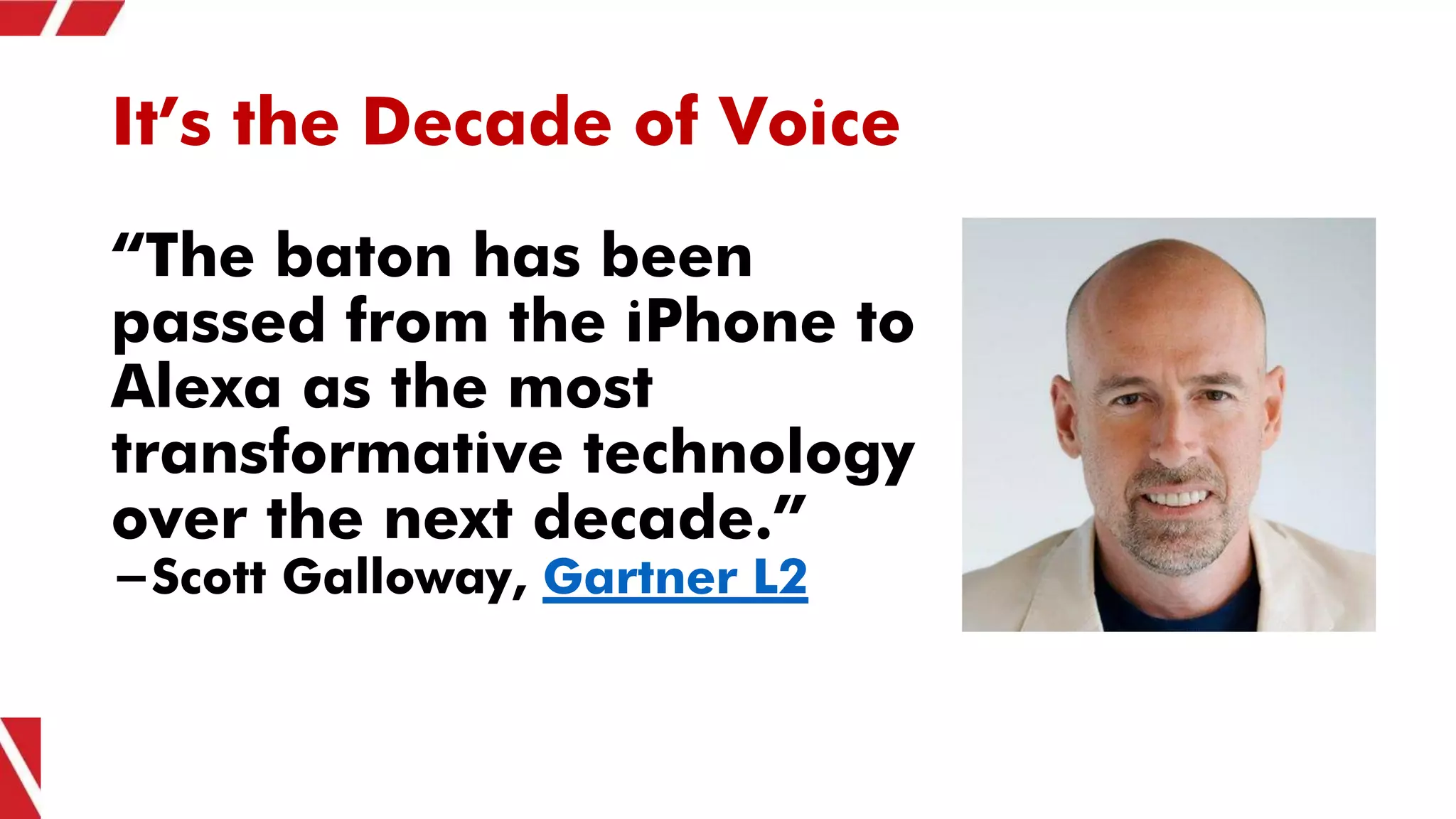 It’s the Decade of Voice
“The baton has been
passed from the iPhone to
Alexa as the most
transformative technology
over the next decade.”
-Scott Galloway, Gartner L2
 