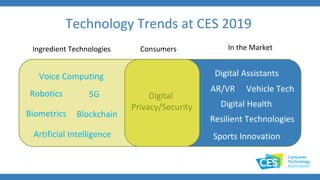 Technology Trends at CES 2019
5G Digital
Privacy/Security
Artificial Intelligence
Robotics
Voice Computing
Blockchain
Digital Assistants
AR/VR
Sports Innovation
Resilient Technologies
Vehicle Tech
Digital Health
Biometrics
Ingredient Technologies In the MarketConsumers
 