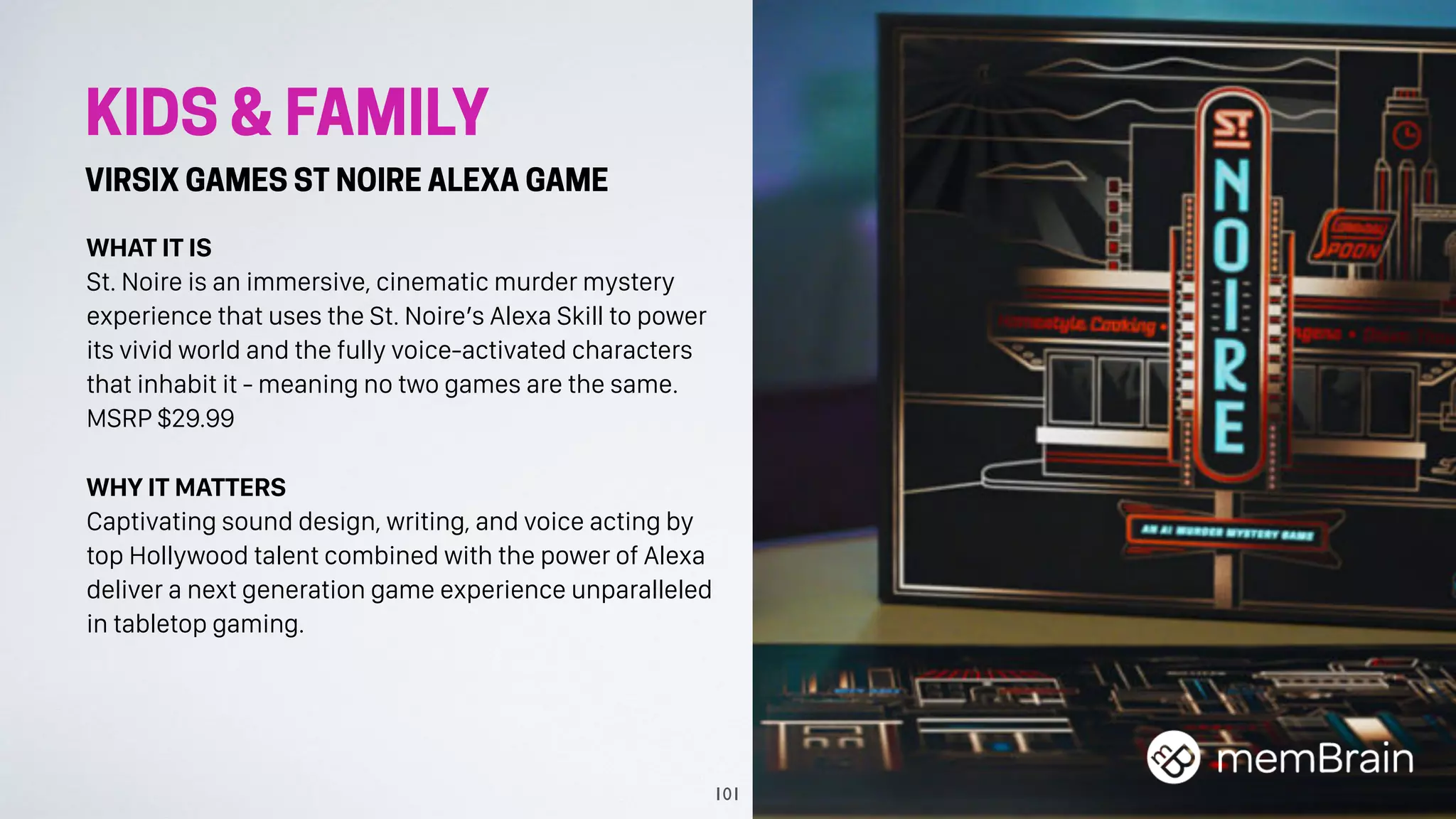 KIDS & FAMILY
VIRSIX GAMES ST NOIRE ALEXA GAME
WHAT IT IS
St. Noire is an immersive, cinematic murder mystery
experience that uses the St. Noire’s Alexa Skill to power
its vivid world and the fully voice-activated characters
that inhabit it - meaning no two games are the same.
MSRP $29.99
WHY IT MATTERS
Captivating sound design, writing, and voice acting by
top Hollywood talent combined with the power of Alexa
deliver a next generation game experience unparalleled
in tabletop gaming.
101
 