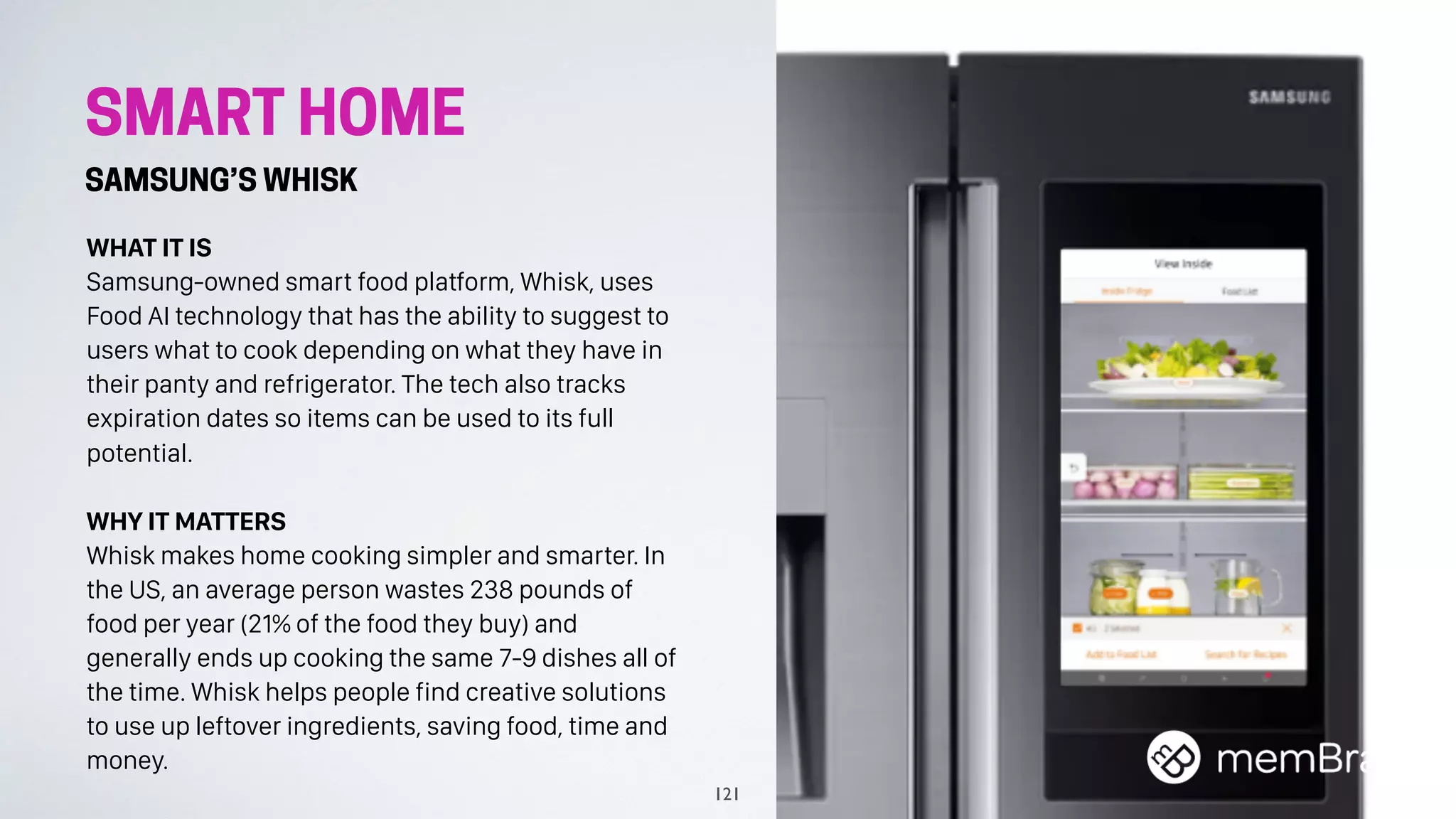SMART HOME
SAMSUNG’S WHISK
WHAT IT IS
Samsung-owned smart food platform, Whisk, uses
Food AI technology that has the ability to suggest to
users what to cook depending on what they have in
their panty and refrigerator. The tech also tracks
expiration dates so items can be used to its full
potential.
WHY IT MATTERS
Whisk makes home cooking simpler and smarter. In
the US, an average person wastes 238 pounds of
food per year (21% of the food they buy) and
generally ends up cooking the same 7-9 dishes all of
the time. Whisk helps people find creative solutions
to use up leftover ingredients, saving food, time and
money.
121
 