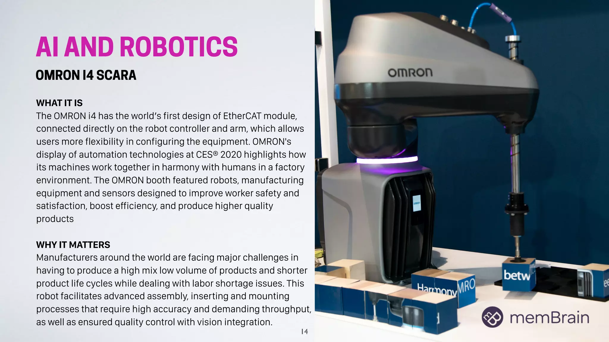 AI AND ROBOTICS
OMRON I4 SCARA
WHAT IT IS
The OMRON i4 has the world’s first design of EtherCAT module,
connected directly on the robot controller and arm, which allows
users more flexibility in configuring the equipment. OMRON's
display of automation technologies at CES® 2020 highlights how
its machines work together in harmony with humans in a factory
environment. The OMRON booth featured robots, manufacturing
equipment and sensors designed to improve worker safety and
satisfaction, boost efficiency, and produce higher quality
products
WHY IT MATTERS
Manufacturers around the world are facing major challenges in
having to produce a high mix low volume of products and shorter
product life cycles while dealing with labor shortage issues. This
robot facilitates advanced assembly, inserting and mounting
processes that require high accuracy and demanding throughput,
as well as ensured quality control with vision integration.
14
 