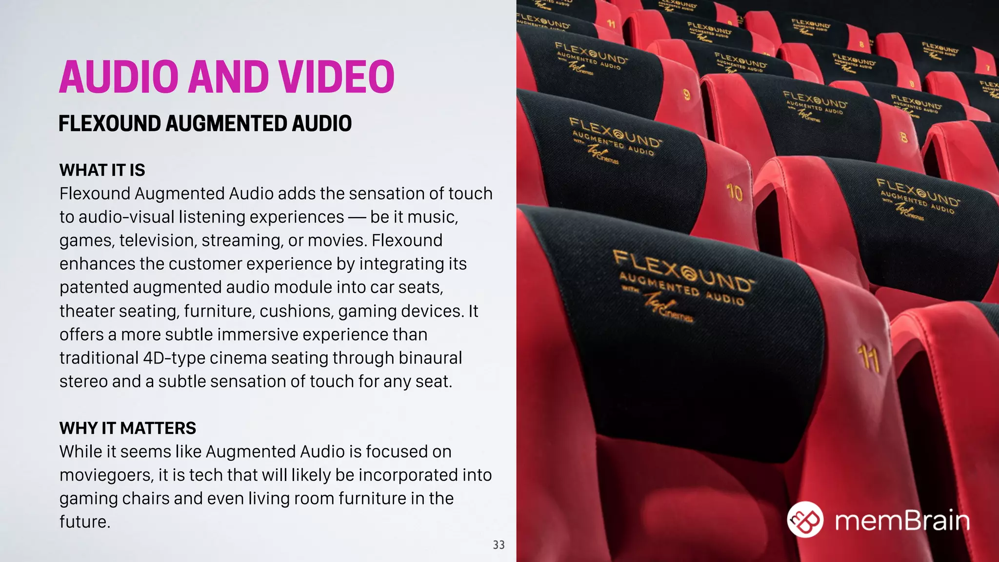 AUDIO AND VIDEO
FLEXOUND AUGMENTED AUDIO
WHAT IT IS
Flexound Augmented Audio adds the sensation of touch
to audio-visual listening experiences — be it music,
games, television, streaming, or movies. Flexound
enhances the customer experience by integrating its
patented augmented audio module into car seats,
theater seating, furniture, cushions, gaming devices. It
offers a more subtle immersive experience than
traditional 4D-type cinema seating through binaural
stereo and a subtle sensation of touch for any seat.
WHY IT MATTERS
While it seems like Augmented Audio is focused on
moviegoers, it is tech that will likely be incorporated into
gaming chairs and even living room furniture in the
future. 
33
 