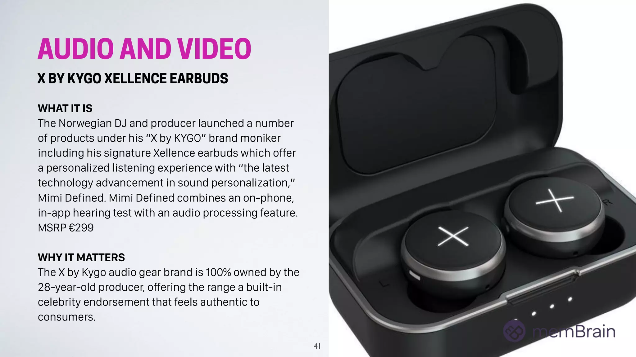 AUDIO AND VIDEO
X BY KYGO XELLENCE EARBUDS
WHAT IT IS
The Norwegian DJ and producer launched a number
of products under his “X by KYGO” brand moniker
including his signature Xellence earbuds which offer
a personalized listening experience with “the latest
technology advancement in sound personalization,”
Mimi Defined. Mimi Defined combines an on-phone,
in-app hearing test with an audio processing feature.
MSRP €299
WHY IT MATTERS
The X by Kygo audio gear brand is 100% owned by the
28-year-old producer, offering the range a built-in
celebrity endorsement that feels authentic to
consumers.
41
 