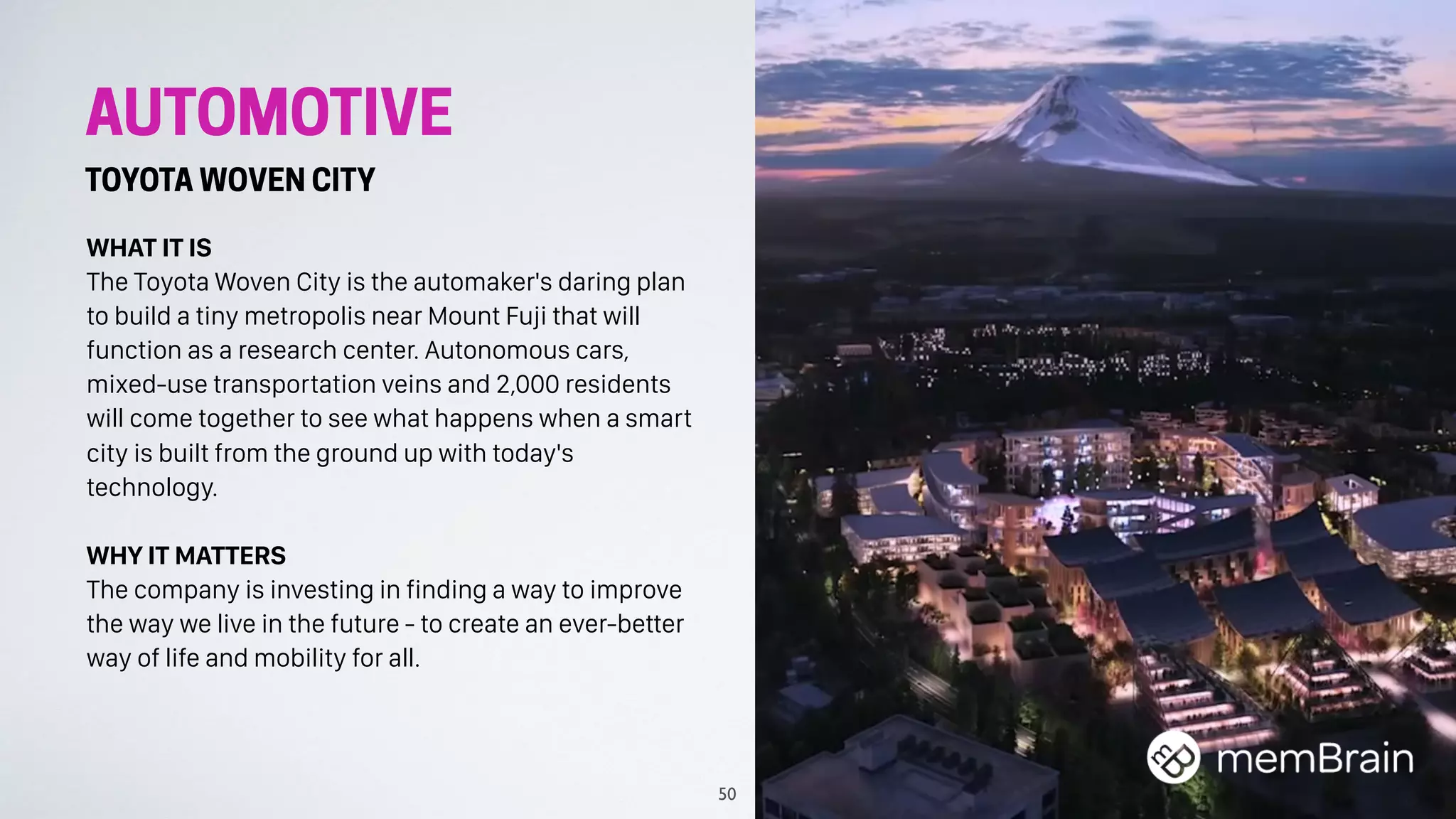 AUTOMOTIVE
TOYOTA WOVEN CITY
WHAT IT IS
The Toyota Woven City is the automaker's daring plan
to build a tiny metropolis near Mount Fuji that will
function as a research center. Autonomous cars,
mixed-use transportation veins and 2,000 residents
will come together to see what happens when a smart
city is built from the ground up with today's
technology.
WHY IT MATTERS
The company is investing in finding a way to improve
the way we live in the future - to create an ever-better
way of life and mobility for all.
50
 