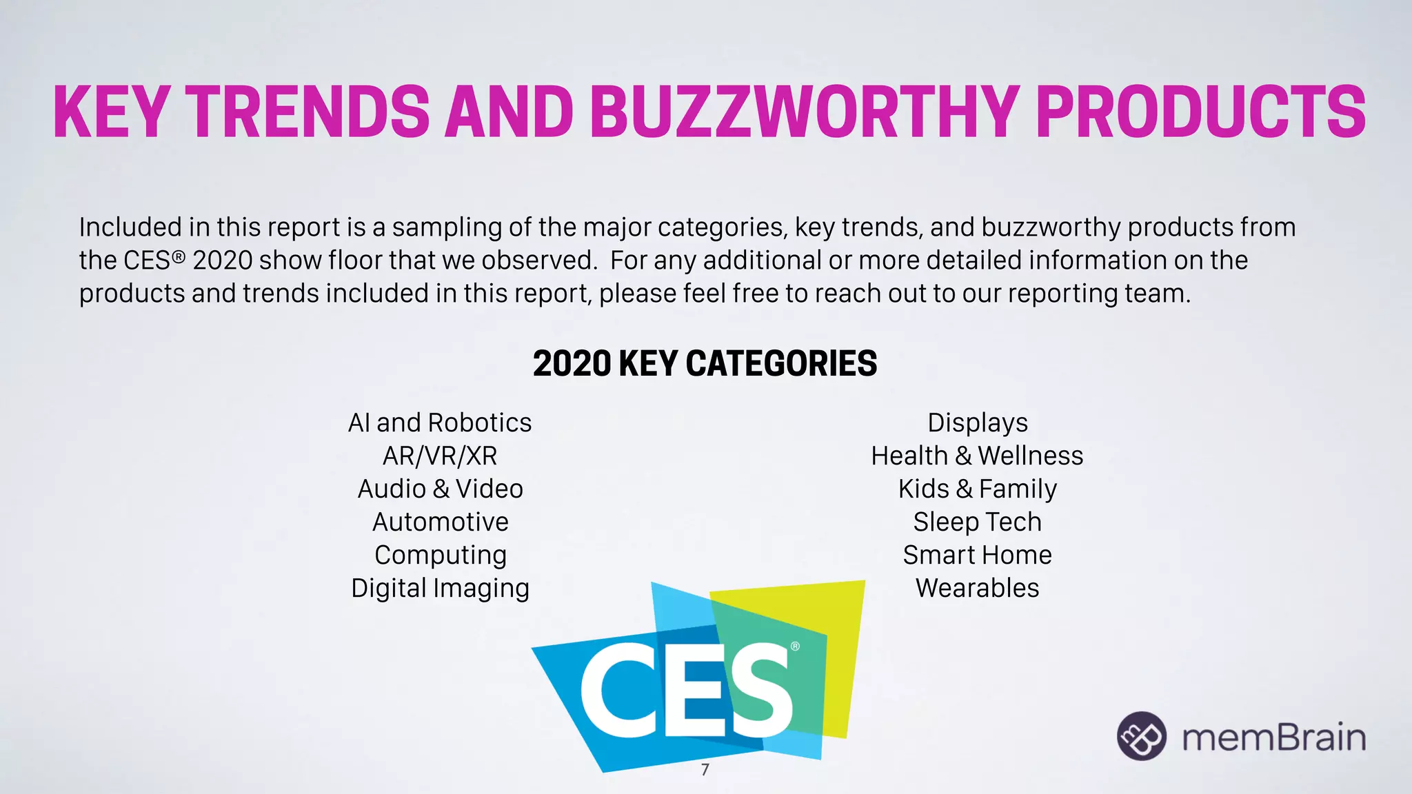 KEY TRENDS AND BUZZWORTHY PRODUCTS
2020 KEY CATEGORIES
AI and Robotics
AR/VR/XR
Audio & Video
Automotive
Computing
Digital Imaging
Displays
Health & Wellness
Kids & Family
Sleep Tech
Smart Home
Wearables
7
Included in this report is a sampling of the major categories, key trends, and buzzworthy products from
the CES® 2020 show floor that we observed. For any additional or more detailed information on the
products and trends included in this report, please feel free to reach out to our reporting team.
 