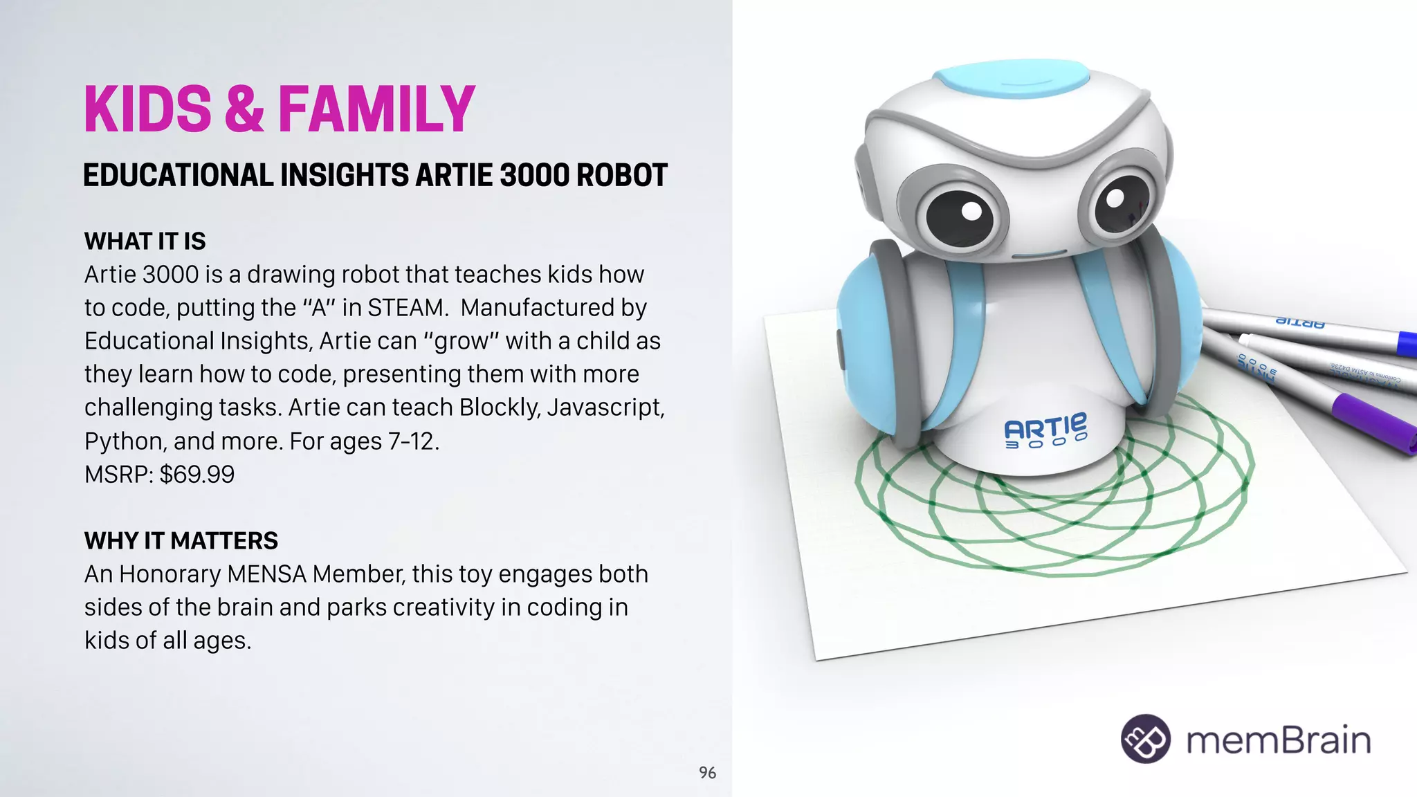 KIDS & FAMILY
EDUCATIONAL INSIGHTS ARTIE 3000 ROBOT
WHAT IT IS
Artie 3000 is a drawing robot that teaches kids how
to code, putting the “A” in STEAM. Manufactured by
Educational Insights, Artie can “grow” with a child as
they learn how to code, presenting them with more
challenging tasks. Artie can teach Blockly, Javascript,
Python, and more. For ages 7-12.
MSRP: $69.99
WHY IT MATTERS
An Honorary MENSA Member, this toy engages both
sides of the brain and parks creativity in coding in
kids of all ages.
96
 