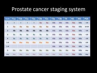 Grado T1a T1b T1c T2a T2b T2c T3a T3b T4 N1 M1 PSA
1 I I I I IIa IIa IIIb IIIb IIIb IVa IVb <10
1 IIa IIa IIa IIa IIa IIa IIIb IIIb IIIb IVa IVb 10-20
2 IIb IIb IIb IIb IIb IIb IIIb IIIb IIIb IVa IVb <20
3 IIc IIc IIc IIc IIc IIc IIIb IIIb IIIb IVa IVb <20
4 IIc IIc IIc IIc IIc IIc IIIb IIIb IIIb IVa IVb <20
1-4 IIIa IIIa IIIa IIIa IIIa IIIa IIIb IIIb IIIb IVa IVb ≥20
1-4 IIIb IIIb IIIb IVa IVb Any
5 IIIc IIIc IIIc IIIc IIIc IIIc IIIc IIIc IIIc IVa IVb Any
Any Any Any Any Any Any Any Any Any Any IVa IVb Any
Prostate cancer staging system
 