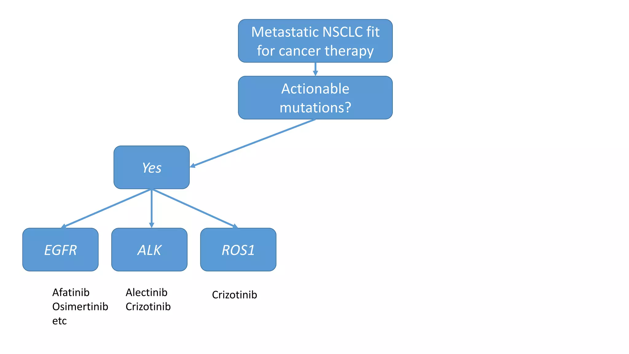 Metastatic NSCLC fit
for cancer therapy
Actionable
mutations?
EGFR ALK ROS1
Afatinib
Osimertinib
etc
Alectinib
Crizotinib
Crizotinib
Yes
 