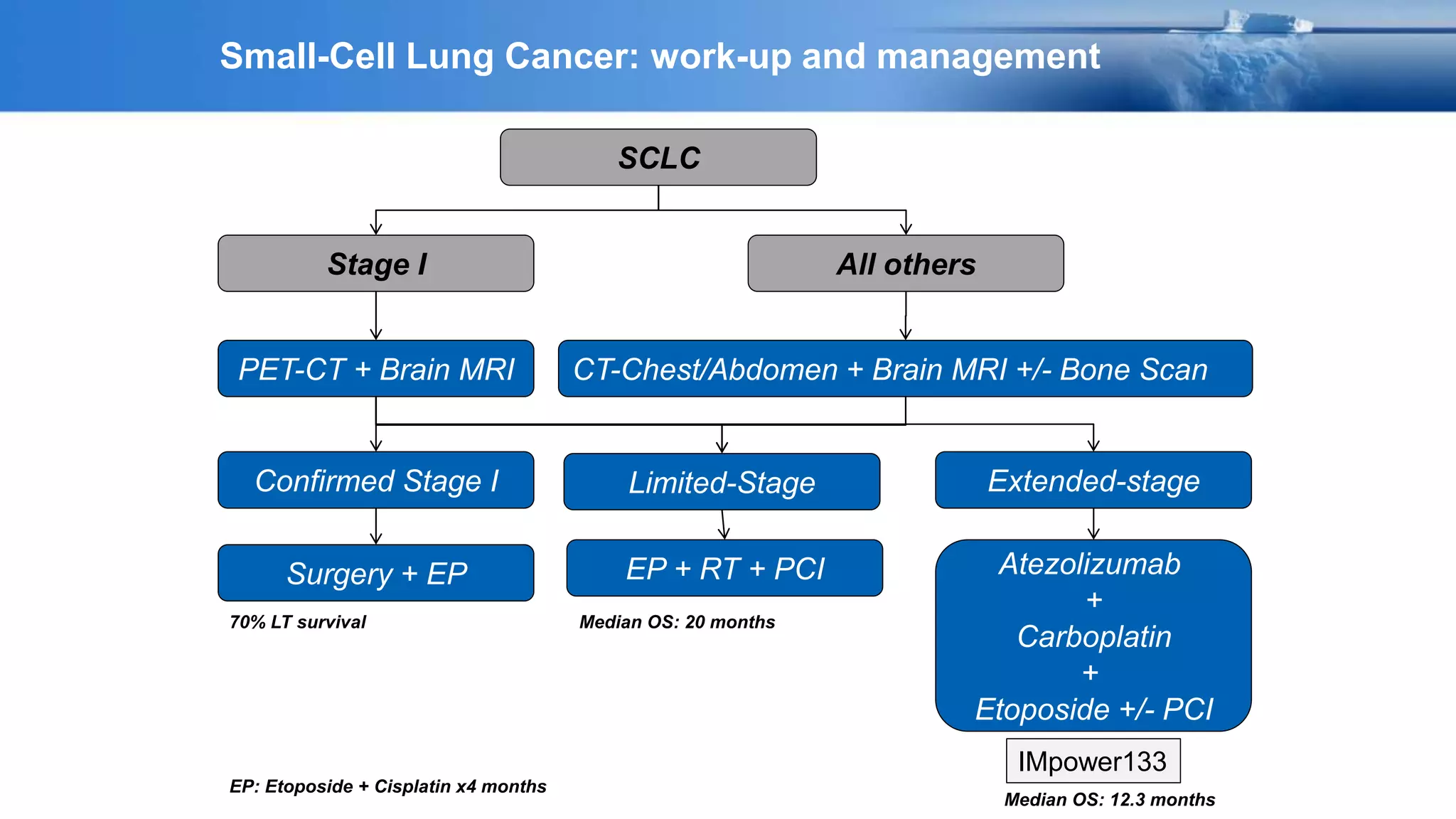 Small-Cell Lung Cancer: work-up and management
CT-Chest/Abdomen + Brain MRI +/- Bone Scan
SCLC
Stage I All others
PET-CT + Brain MRI
Confirmed Stage I
Surgery + EP
Limited-Stage Extended-stage
EP + RT + PCI Atezolizumab
+
Carboplatin
+
Etoposide +/- PCI
EP: Etoposide + Cisplatin x4 months
70% LT survival Median OS: 20 months
Median OS: 12.3 months
IMpower133
 