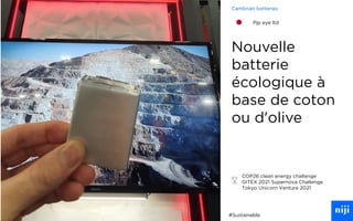 61
Nouvelle
batterie
écologique à
base de coton
ou d'olive
COP26 clean energy challenge
GITEX 2021 Supernova Challenge
Tokyo Unicorn Venture 2021
#Sustainable
Cambrian batteries
Pjp eye ltd
 