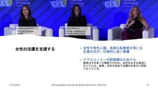 1/27/2023 All Copyrights reserved by Nissho Electronics USA Corp 15
女性の活躍を支援する • 女性や有色人種、多様な起業家が率いる
企業の方が、圧倒的に良い業績
• ケアエコノミーの評価額は６兆ドル
実態はその多くが無給で行われ、女性の大きな負担に
なっている。結果、女性が社会で活躍が出来ない原因
になっている。
Lindsay Jurist-Rosner
CEO and Co-founder,
Wellthy
Jenny Abramson
Founder and Managing
Partner, Rethink Impact
 