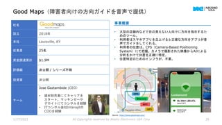 Good Maps（障害者向けの方向ガイドを音声で提供）
1/27/2023 All Copyrights reserved by Nissho Electronics USA Corp 28
社名
設立 2018年
本社 Louisville, KY
従業員 25名
資金調達累計 $1.9M
評価額 非公開 / シリーズ不明
投資家 非公開
チーム
Jose Gaztambide (CEO）
• 建材卸売業にてキャリアを
スタート。マッキンゼーや
デロイトにてコンサルを経験
• ITコンサル会社Interaptの
COOを経験
事業概要
• 大型の店舗内などで目の見えない人向けに方向を指示するた
めのツール。
• 利用者はスマホアプリを立上げると正確な方向をアプリが音
声でガイドをしてくれる。
• 利用者の位置は、CPS（Camera‐Based Positioning
System）にて把握。カメラで撮影された映像からAIによる
分析をかけて位置を正確に特定。
• 位置特定のためのインフラが、不要。
Source : https://www.goodmaps.com/
 