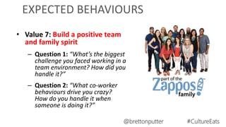 EXPECTED BEHAVIOURS
• Value 7: Build a positive team
and family spirit
– Question 1: “What’s the biggest
challenge you faced working in a
team environment? How did you
handle it?”
– Question 2: “What co-worker
behaviours drive you crazy?
How do you handle it when
someone is doing it?”
@brettonputter #CultureEats
 