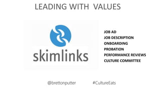JOB AD
JOB DESCRIPTION
ONBOARDING
PROBATION
PERFORMANCE REVIEWS
CULTURE COMMITTEE
LEADING WITH VALUES
@brettonputter #CultureEats
 