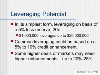 Leveraging Potential
 In its simplest form, leveraging on basis of
a 5% loss reserve=20x
 $1,000,000 leverages up to $20,000,000
 Common leveraging could be based on a
5% to 10% credit enhancement.
 Some higher deals or markets may need
higher enhancements – up to 20%-25%.
 