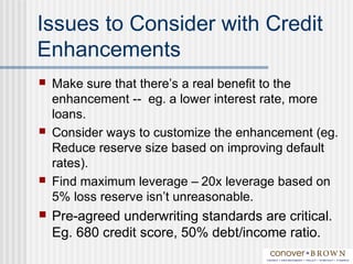 Issues to Consider with Credit
Enhancements
 Make sure that there’s a real benefit to the
enhancement -- eg. a lower interest rate, more
loans.
 Consider ways to customize the enhancement (eg.
Reduce reserve size based on improving default
rates).
 Find maximum leverage – 20x leverage based on
5% loss reserve isn’t unreasonable.
 Pre-agreed underwriting standards are critical.
Eg. 680 credit score, 50% debt/income ratio.
 