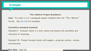 This I Believe Project Breakdown
Goal: To create a 4 or 5 paragraph speech modeled after the “This I Believe”
format. See this link for examples.
Summative standards assessed:
Standard 2: Evaluate claims in a text; assess and express the soundness and
relevance of reasoning.
Standard 10: Present focused claims with support, using eye contact, volume,
and elocution
Due Date: June 1st “Passionate Learners - Student
Example
 