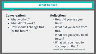 Conversation:
■ What worked?
■ What didn’t work?
■ How should I change this
for the future?
What to Ask?
Reflection:
■ How did you use your
time?
■ What did you learn from
this?
■ What are goals you need
to set?
■ What will you need to
accomplish that?
“Passionate Learners - Student Engagement” © 2015 Pernille Ripp
 