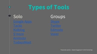 Types of Tools
Solo
Google Apps
Tackk
Kidblog
S’more
Animoto
TodaysMeet
Groups
Skype
Twitter
Edmodo
Voxer
“Passionate Learners - Student Engagement” © 2016 Pernille Ripp
 