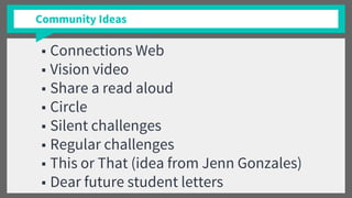 ■ Connections Web
■ Vision video
■ Share a read aloud
■ Circle
■ Silent challenges
■ Regular challenges
■ This or That (idea from Jenn Gonzales)
■ Dear future student letters
Community Ideas
 