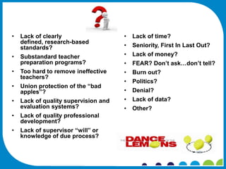 •   Lack of clearly                   •   Lack of time?
    defined, research-based
    standards?                        •   Seniority, First In Last Out?
•   Substandard teacher               •   Lack of money?
    preparation programs?             •   FEAR? Don’t ask…don’t tell?
•   Too hard to remove ineffective    •   Burn out?
    teachers?
                                      •   Politics?
•   Union protection of the “bad
    apples”?                          •   Denial?
•   Lack of quality supervision and   •   Lack of data?
    evaluation systems?               •   Other?
•   Lack of quality professional
    development?
•   Lack of supervisor “will” or
    knowledge of due process?
 