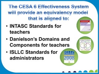 • INTASC Standards for
  teachers
• Danielson’s Domains and
  Components for teachers
• ISLLC Standards for
  administrators
 