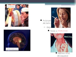  Pulse para editar los formatos
del texto del esquema
− Segundo nivel del esquema
Tercer nivel del
esquema
− Cuarto nivel del
esquema
Quinto nivel
del esquema
Sexto nivel del
esquema
Séptimo nivel
del esquema
FUMAR
PROBLEMA?
DEPENDENCIA
PLACER?
 