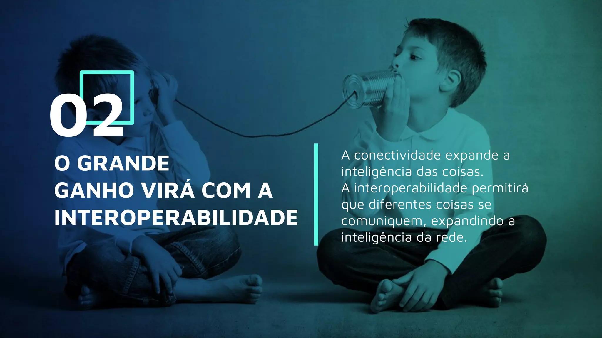 A conectividade expande a
inteligência das coisas.
A interoperabilidade permitirá
que diferentes coisas se
comuniquem, expandindo a
inteligência da rede.
O GRANDE
GANHO VIRÁ COM A
INTEROPERABILIDADE
02
 