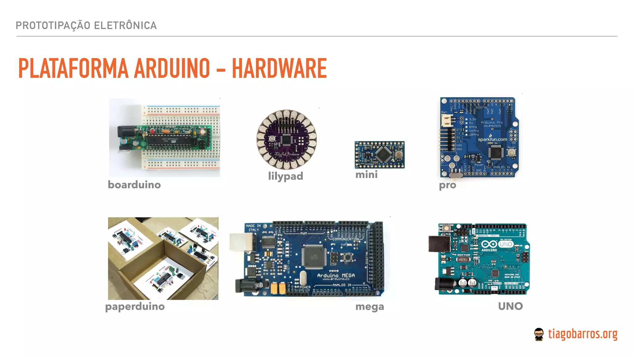 PROTOTIPAÇÃO ELETRÔNICA
PLATAFORMA ARDUINO - HARDWARE
minililypad
boarduino
paperduino mega
pro
UNO
 