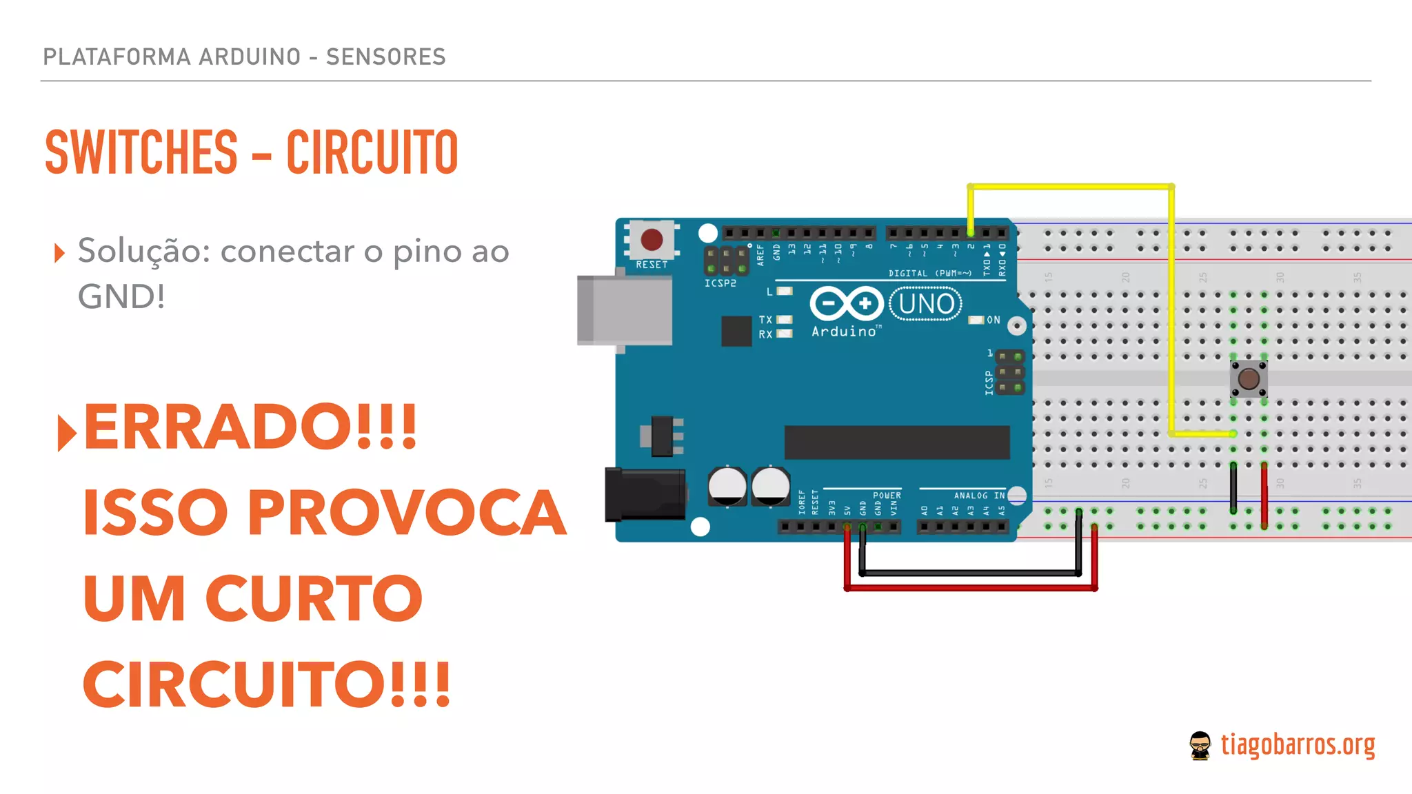 PLATAFORMA ARDUINO - SENSORES
SWITCHES - CIRCUITO
▸ Solução: conectar o pino ao
GND!
▸ERRADO!!!
ISSO PROVOCA
UM CURTO
CIRCUITO!!!
 