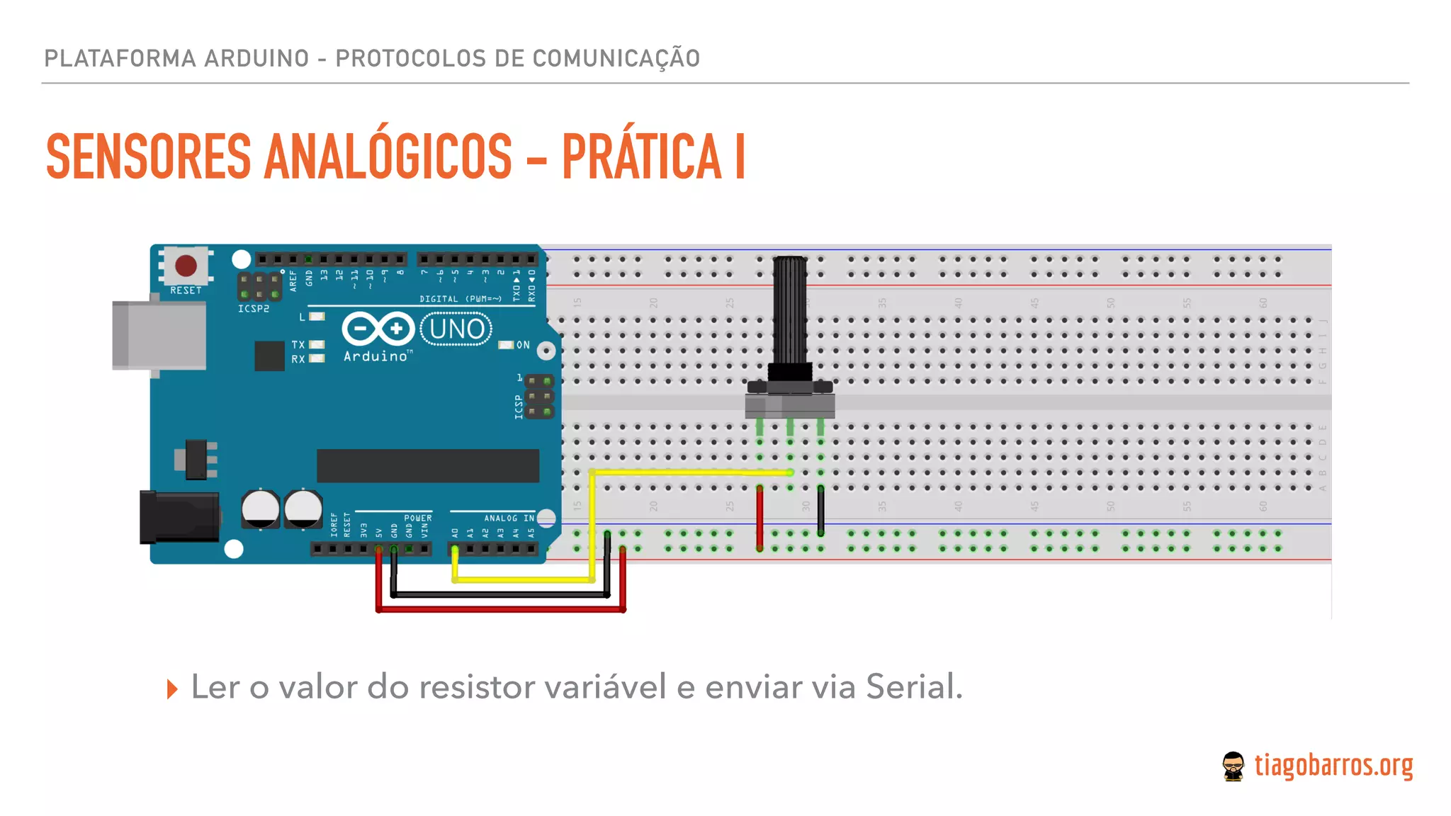 PLATAFORMA ARDUINO - PROTOCOLOS DE COMUNICAÇÃO
SENSORES ANALÓGICOS - PRÁTICA I
▸ Ler o valor do resistor variável e enviar via Serial.
 