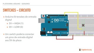 PLATAFORMA ARDUINO - SENSORES
SWITCHES - CIRCUITO
▸ Arduino lê tensões de entrada
digital
▸ 5V = HIGH (1)
▸ 0V = LOW (0)
▸ Um switch poderia conectar
um pino de entrada digital
aos 5V da placa
 