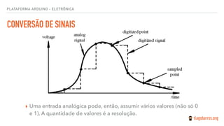 PLATAFORMA ARDUINO - ELETRÔNICA
CONVERSÃO DE SINAIS
▸ Uma entrada analógica pode, então, assumir vários valores (não só 0
e 1). A quantidade de valores é a resolução.
 