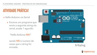 PLATAFORMA ARDUINO - PROTOCOLOS DE COMUNICAÇÃO
ATIVIDADE PRÁTICA!
▸ Hello Arduino via Serial
▸ Escreva um programa que
envie a seguinte string via
serial, acada 1 egundo: 
 
“Hello Arduino NN!” 
 
sendo NN o numero de
vezes que a string foi
enviada.
 