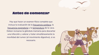 Hay que hacer un examen físico completo que
incluya la evaluación de la frecuencia cardiaca, la
frecuencia respiratoria y la temperatura de la vaca.
Deben revisarse la glándula mamaria para descartar
una infección y valorar y tratar simultáneamente la
movilidad del rumen (el movimiento digestivo), si es
necesario.
Antes de comenzar
 