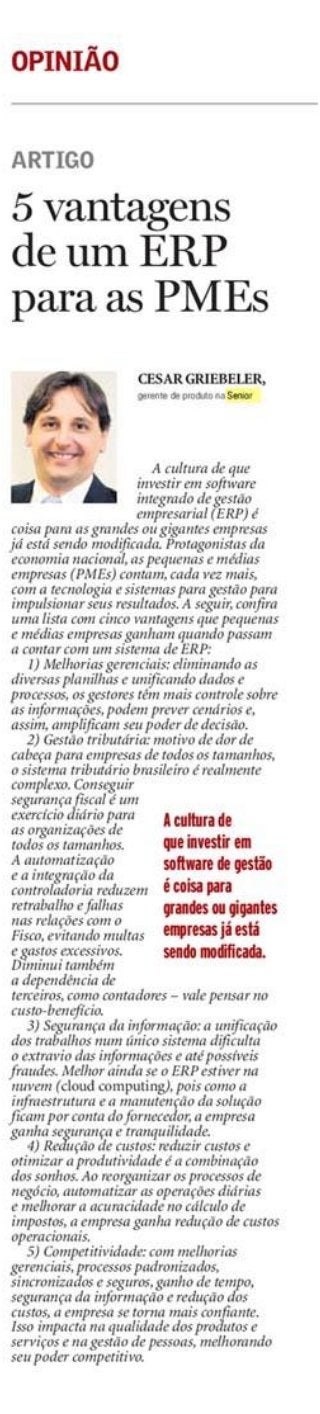 Jornal A Notícia 03/07/2015 | 5 vantagens de um ERP para as PMEs