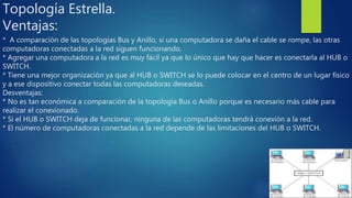 Topología Estrella.
Ventajas:
* A comparación de las topologías Bus y Anillo, si una computadora se daña el cable se rompe, las otras
computadoras conectadas a la red siguen funcionando.
* Agregar una computadora a la red es muy fácil ya que lo único que hay que hacer es conectarla al HUB o
SWITCH.
* Tiene una mejor organización ya que al HUB o SWITCH se lo puede colocar en el centro de un lugar físico
y a ese dispositivo conectar todas las computadoras deseadas.
Desventajas:
* No es tan económica a comparación de la topología Bus o Anillo porque es necesario más cable para
realizar el conexionado.
* Si el HUB o SWITCH deja de funcionar, ninguna de las computadoras tendrá conexión a la red.
* El número de computadoras conectadas a la red depende de las limitaciones del HUB o SWITCH.
 
