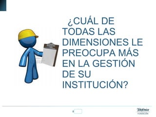 8Fundación Telefónica
¿CUÁL DE
TODAS LAS
DIMENSIONES LE
PREOCUPA MÁS
EN LA GESTIÓN
DE SU
INSTITUCIÓN?
 