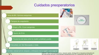 Cuidados preoperatorios
Toma de BH, Química sanguínea
Tiempos de coagulación
Grupo y Rh, Cruce sanguíneo
Ayuno de 8 hrs
Tricotomía del área entre la cicatriz umbilical y pubis
Venoclisis con Sol Glucosada o mixta
Sondeo vesical previa asepsia y antisepsia de la región vulvovaginal
CENETEC . (2013). Guía de practica clínica , Operación cesárea . 09-Mayo-2016, de Secretaria de Salud Sitio web:
http://www.cenetec.salud.gob.mx/descargas/gpc/CatalogoMaestro/048_GPC_Cesarea/IMSS_048_08_GRR.pdf
 