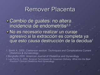 Remover Placenta Cambio de guates: no altera incidencia de endometritis 2,3 No es necesario realizar un curaje agresivo si la extracción es completa ya que esto causa destrucción de la decidua 1 1. Simm A. 2005.  Caesarean section: Techniques and Complications  Current Obstetrics & Gynaecology 2.Berghella 2005  American Journal of Obstetrics and Gynecology 3. Lee-Parritz A. 2004.  Surgical Techniques for Cesarean Delivery: What Are the Best Practice?  Clinical Obstetrics And Gynecology 