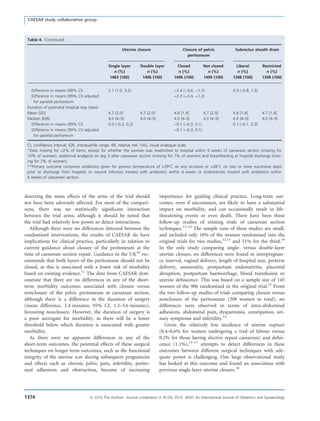 detecting the main effects of the arms of the trial should
not have been adversely affected. For most of the compari-
sons, there was no statistically signiﬁcant interaction
between the trial arms, although it should be noted that
the trial had relatively low power to detect interactions.
Although there were no differences detected between the
randomised interventions, the results of CAESAR do have
implications for clinical practice, particularly in relation to
current guidance about closure of the peritoneum at the
time of caesarean section repair. Guidance in the UK10
rec-
ommends that both layers of the peritoneum should not be
closed, as this is associated with a lower risk of morbidity
based on existing evidence.11
The data from CAESAR dem-
onstrate that there are no differences in any of the short-
term morbidity outcomes associated with closure versus
nonclosure of the pelvic peritoneum at caesarean section,
although there is a difference in the duration of surgery
(mean difference, 2.4 minutes; 95% CI, 1.3–3.6 minutes),
favouring nonclosure. However, the duration of surgery is
a poor surrogate for morbidity, as there will be a lower
threshold below which duration is associated with greater
morbidity.
As there were no apparent differences in any of the
short-term outcomes, the potential effects of these surgical
techniques on longer term outcomes, such as the functional
integrity of the uterine scar during subsequent pregnancies
and effects such as chronic pelvic pain, infertility, perito-
neal adhesions and obstruction, become of increasing
importance for guiding clinical practice. Long-term out-
comes, even if uncommon, are likely to have a substantial
impact on morbidity, and can occasionally result in life-
threatening events or even death. There have been three
follow-up studies of existing trials of caesarean section
techniques.12–14
The sample sizes of these studies are small,
and included only 18% of the women randomised into the
original trials for two studies,12,13
and 51% for the third.14
In the only study comparing single- versus double-layer
uterine closure, no differences were found in interpregnan-
cy interval, vaginal delivery, length of hospital stay, preterm
delivery, amnionitis, postpartum endometritis, placental
abruption, postpartum haemorrhage, blood transfusion or
uterine dehiscence. This was based on a sample size of 145
women of the 906 randomised in the original trial.13
From
the two follow-up studies of trials comparing closure versus
nonclosure of the peritoneum (209 women in total), no
differences were observed in terms of intra-abdominal
adhesions, abdominal pain, dyspareunia, constipation, uri-
nary symptoms and infertility.14
Given the relatively low incidence of uterine rupture
(0.4–0.6% for women undergoing a trial of labour versus
0.2% for those having elective repeat caesarean) and dehis-
cence (1.1%),15–17
attempts to detect differences in these
outcomes between different surgical techniques with ade-
quate power is challenging. One large observational study
has looked at this outcome and found an association with
previous single-layer uterine closure.18
Table 4. (Continued)
Uterine closure Closure of pelvic
peritoneum
Subrectus sheath drain
Single layer
n (%)
1483 (100)
Double layer
n (%)
1496 (100)
Closed
n (%)
1496 (100)
Not closed
n (%)
1499 (100)
Liberal
n (%)
1398 (100)
Restricted
n (%)
1398 (100)
Difference in means (99% CI)
Difference in means (99% CI) adjusted
for parietal peritoneum
2.1 (1.0, 3.2) )2.4 ()3.6, )1.3)
)2.3 ()3.4, )1.2)
0.3 (–0.8, 1.5)
Duration of postnatal hospital stay (days)
Mean [SD]
Median {IQR}
4.7 [2.0]
4.0 {4–5}
4.7 [2.0]
4.0 {4–5}
4.8 [1.9]
4.0 {4–5}
4.7 [2.0]
4.0 {4–5}
4.8 [1.9]
4.0 {4–5}
4.7 [1.8]
4.0 {4–5}
Difference in means (99% CI)
Difference in means (99% CI) adjusted
for parietal peritoneum
0.0 (–0.2, 0.2) )0.1 ()0.3, 0.1)
)0.1 ()0.3, 0.1)
0.1 (–0.1, 0.3)
CI, conﬁdence interval; IQR, interquartile range; RR, relative risk; VAS, visual analogue scale.
*Data missing for <2% of items, except for whether the woman was readmitted to hospital within 6 weeks of caesarean section (missing for
10% of women), additional analgesia on day 3 after caesarean section (missing for 7% of women) and breastfeeding at hospital discharge (miss-
ing for 7% of women).
**Primary outcome comprises antibiotics given for pyrexia (temperature of >39°C on any occasion or >38°C on two or more successive days)
prior to discharge from hospital, or wound infection treated with antibiotics within 6 weeks or endometritis treated with antibiotics within
6 weeks of caesarean section.
CAESAR study collaborative group
1374 ª 2010 The Authors Journal compilation ª RCOG 2010 BJOG An International Journal of Obstetrics and Gynaecology
 